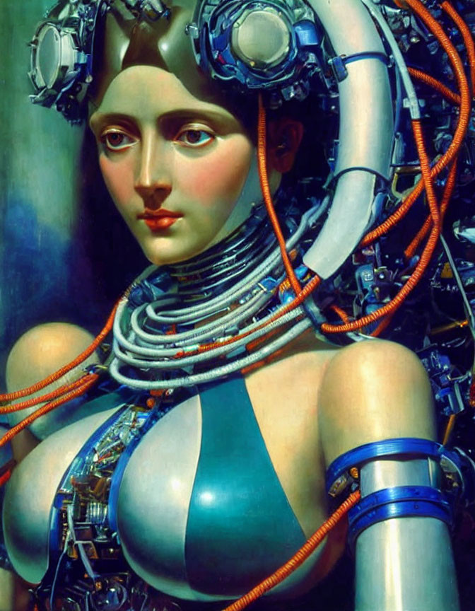 Female humanoid robot with intricate headgear and metallic neck structure