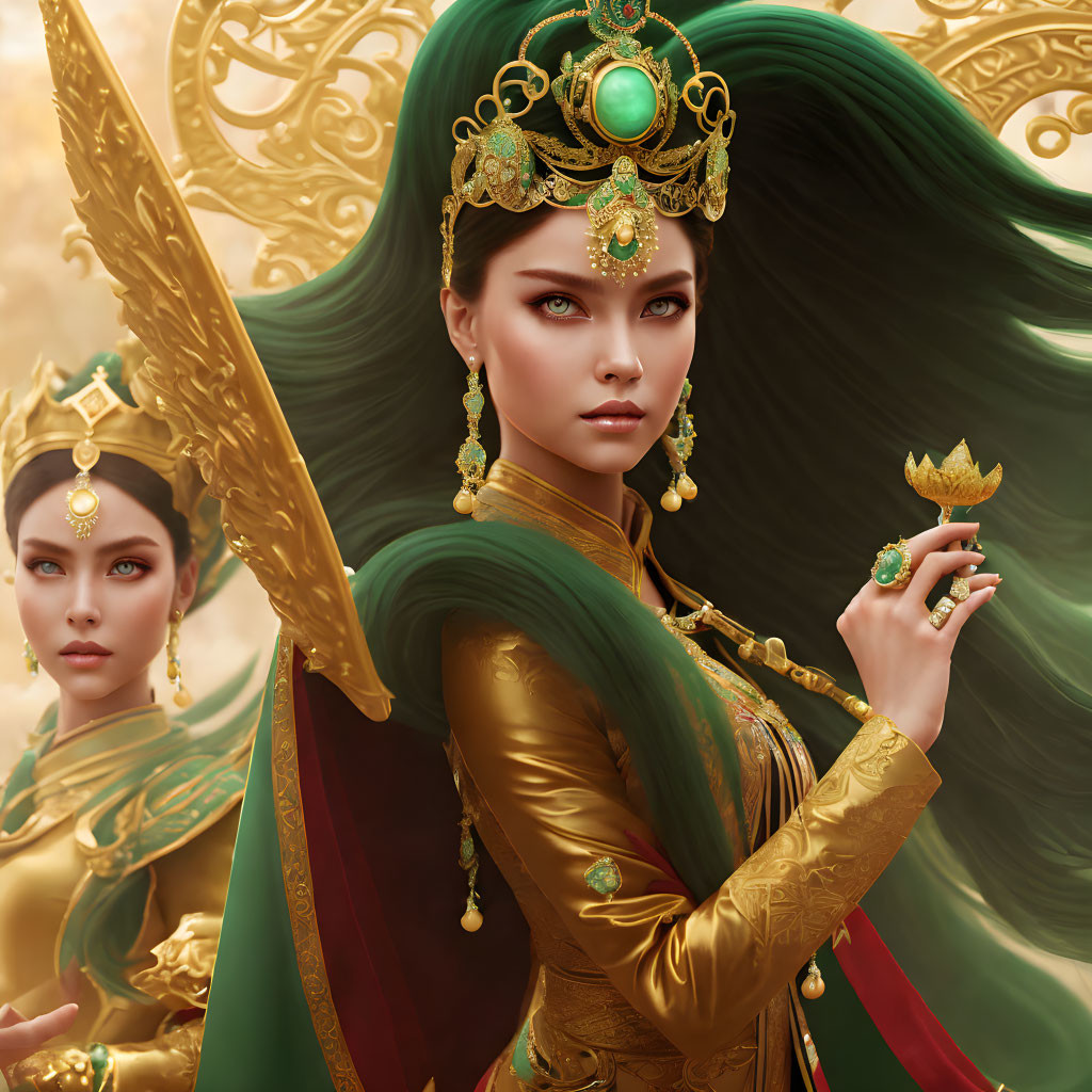 Digital artwork featuring two regal women in ornate golden-green attire with flowing hair and intricate jewelry,