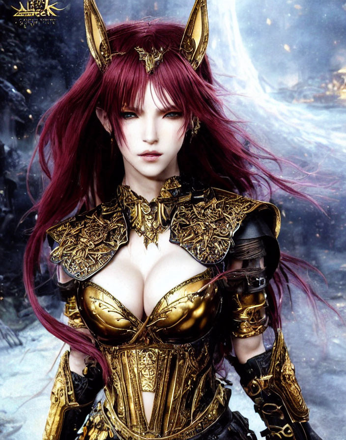 Digital artwork of female character: red hair, feline ears, gold & black armor, snowy backdrop