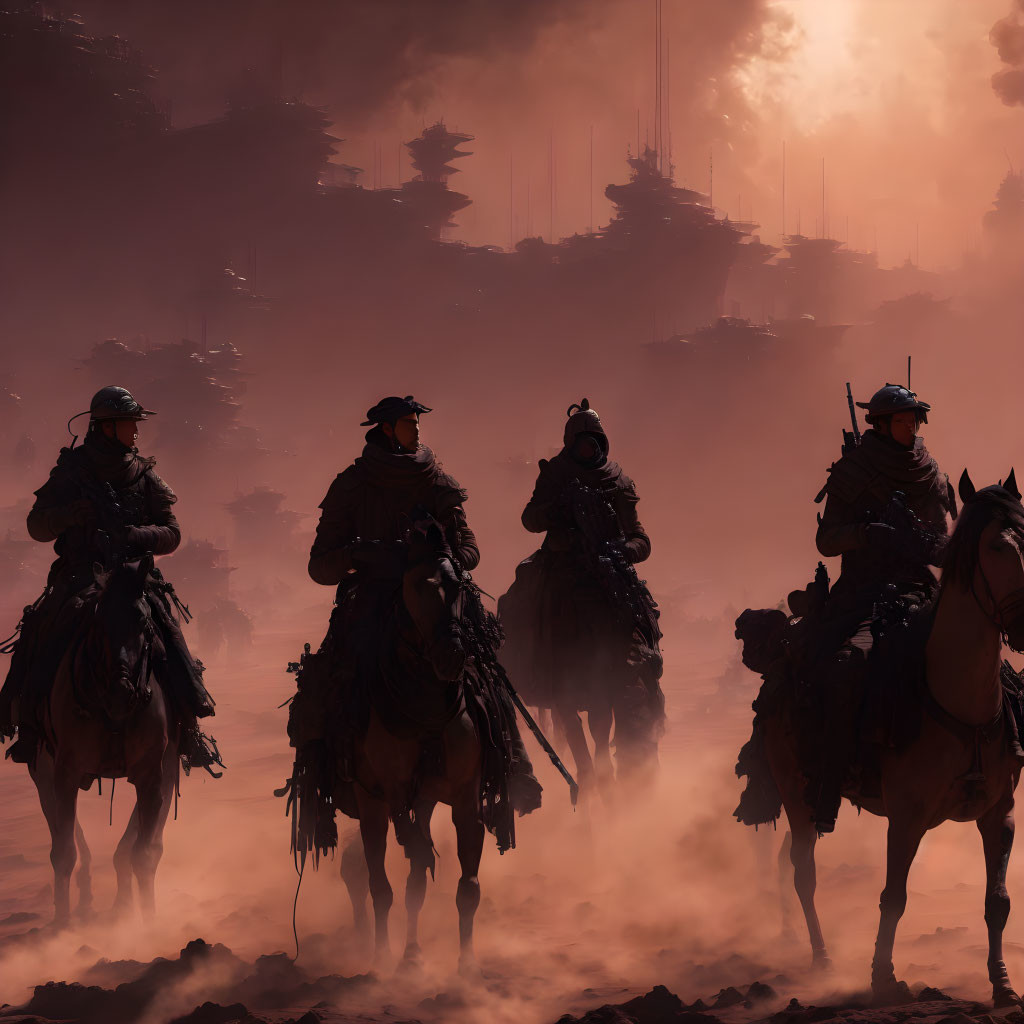 Four silhouetted horseback riders under dusky sky with shadowy post-apocalyptic structures.