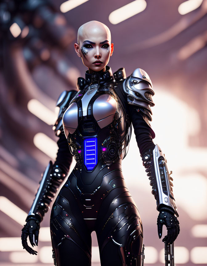 Female Android in Futuristic Black Armor with Blue Lights