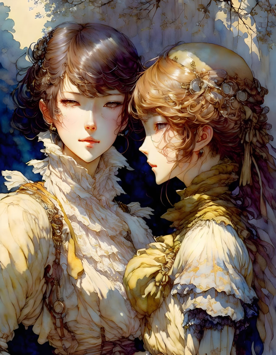 Two women with elaborate hairstyles and vintage clothing in soft light