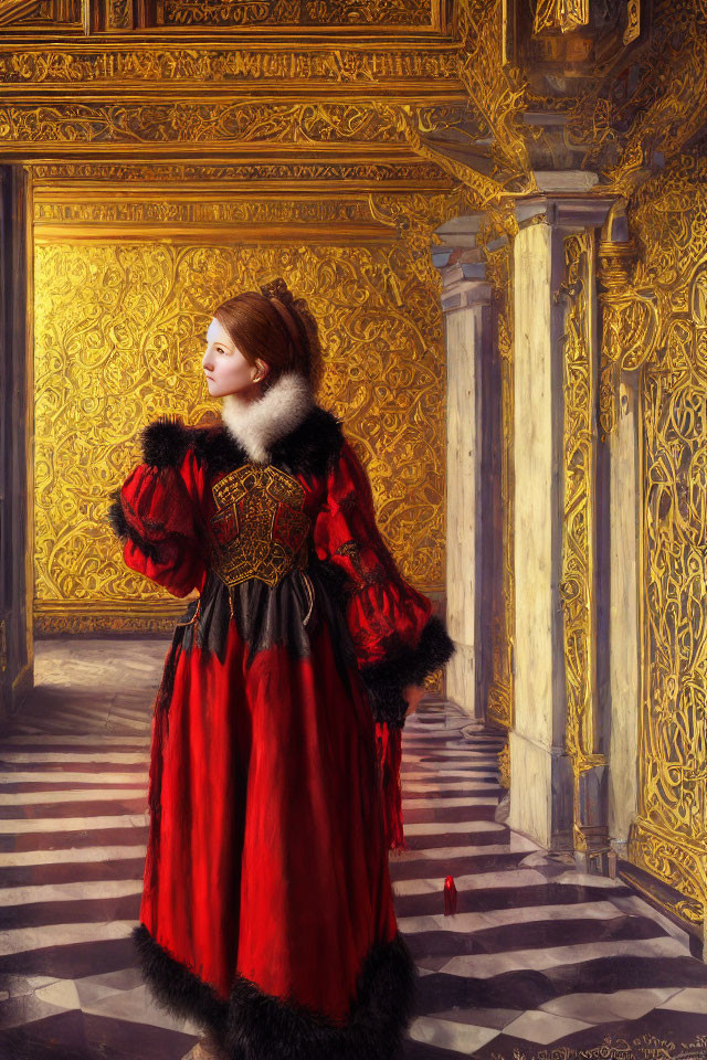 Luxurious Renaissance woman in red and gold dress in ornate hallway