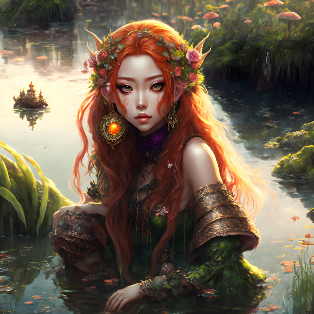 Fantasy illustration of woman with red hair, floral crown, jewelry, and armor in mystical swamp.