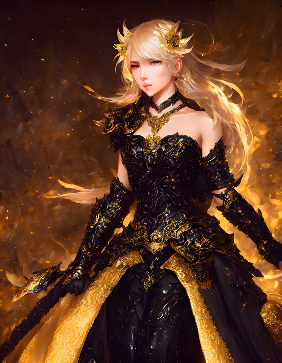 Blonde Woman in Black and Gold Armor in Fiery Setting