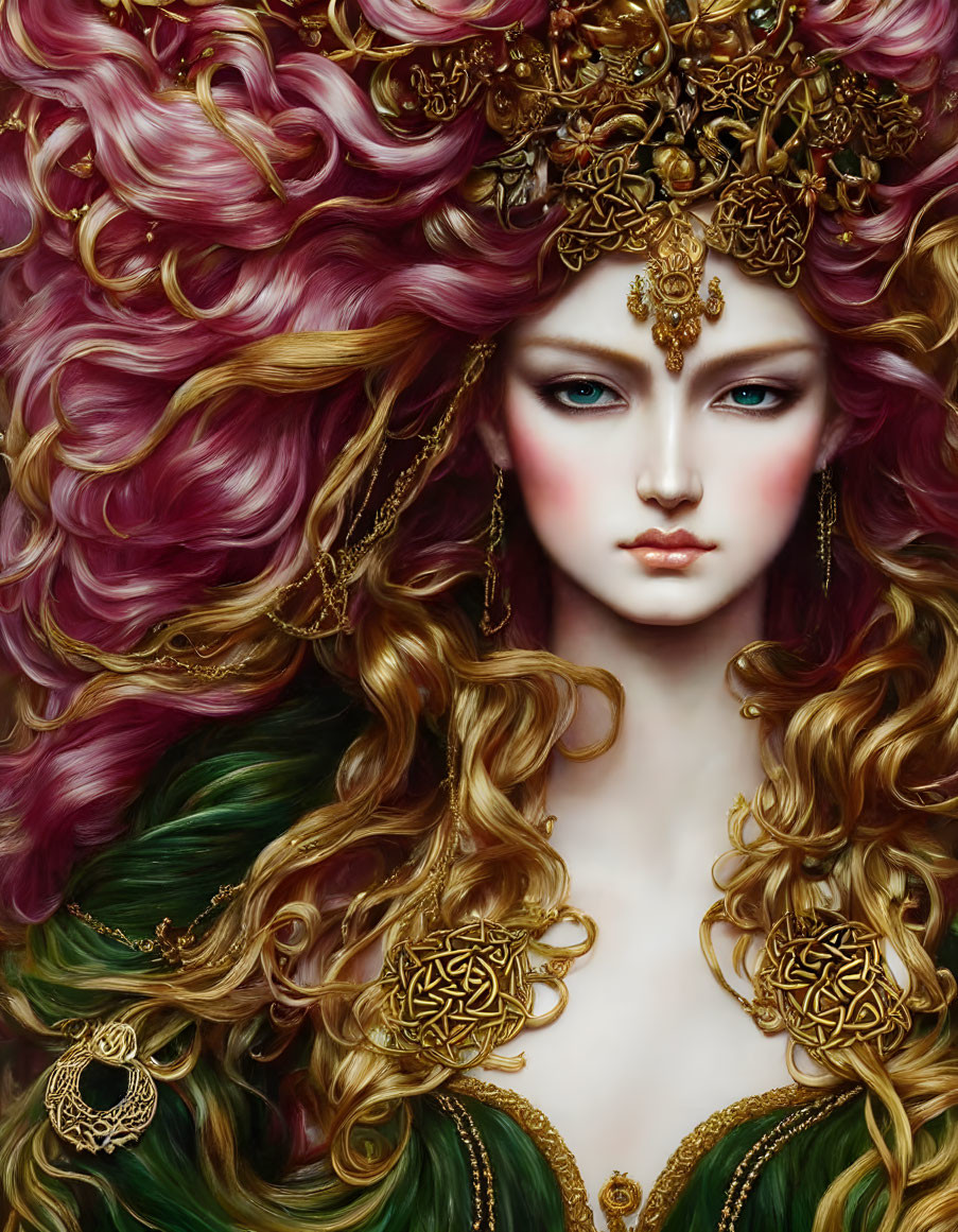 Intricately adorned female figure with pink and green hair and captivating blue eyes