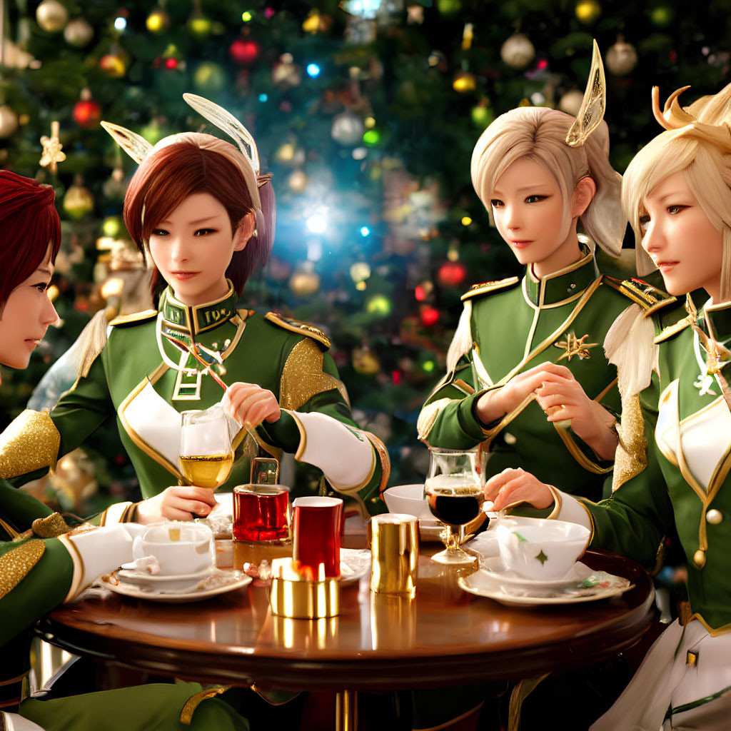 Four animated female characters in festive elf-like outfits enjoying beverages in a holiday-themed setting.