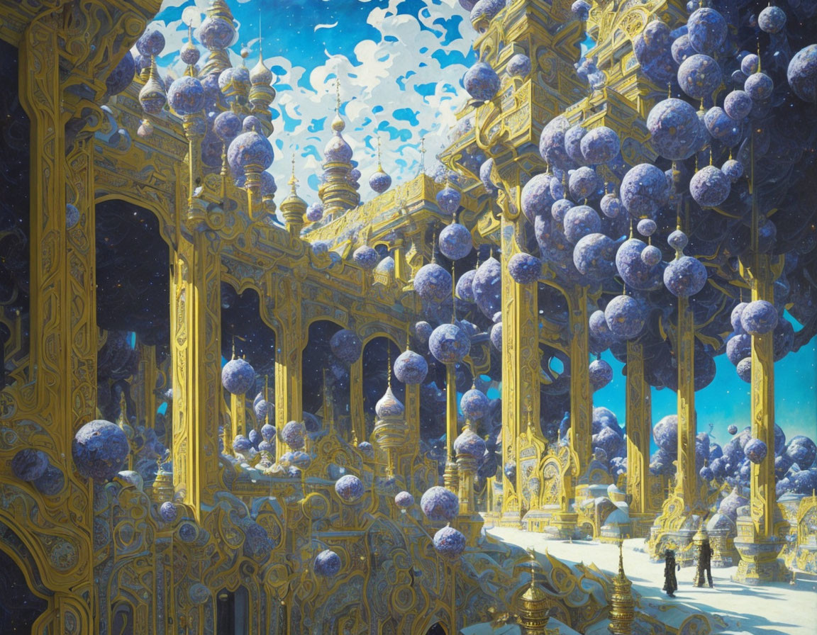 Golden ornate structure with blue spheres on blue backdrop with white clouds