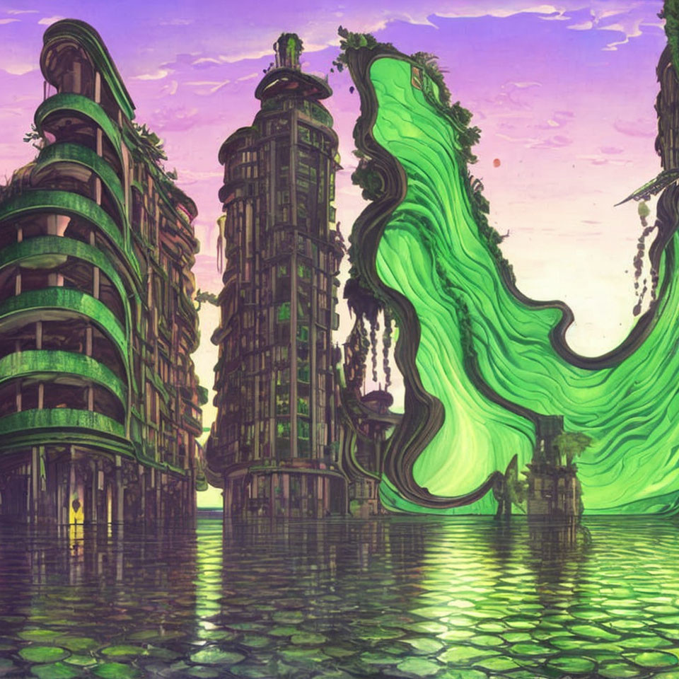 Green-Hued Futuristic Cityscape with Reflective Water Surface