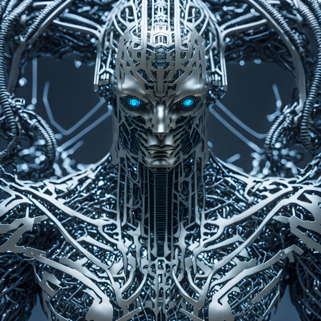 Detailed Robotic Face with Blue Glowing Eyes Against Mechanical Background