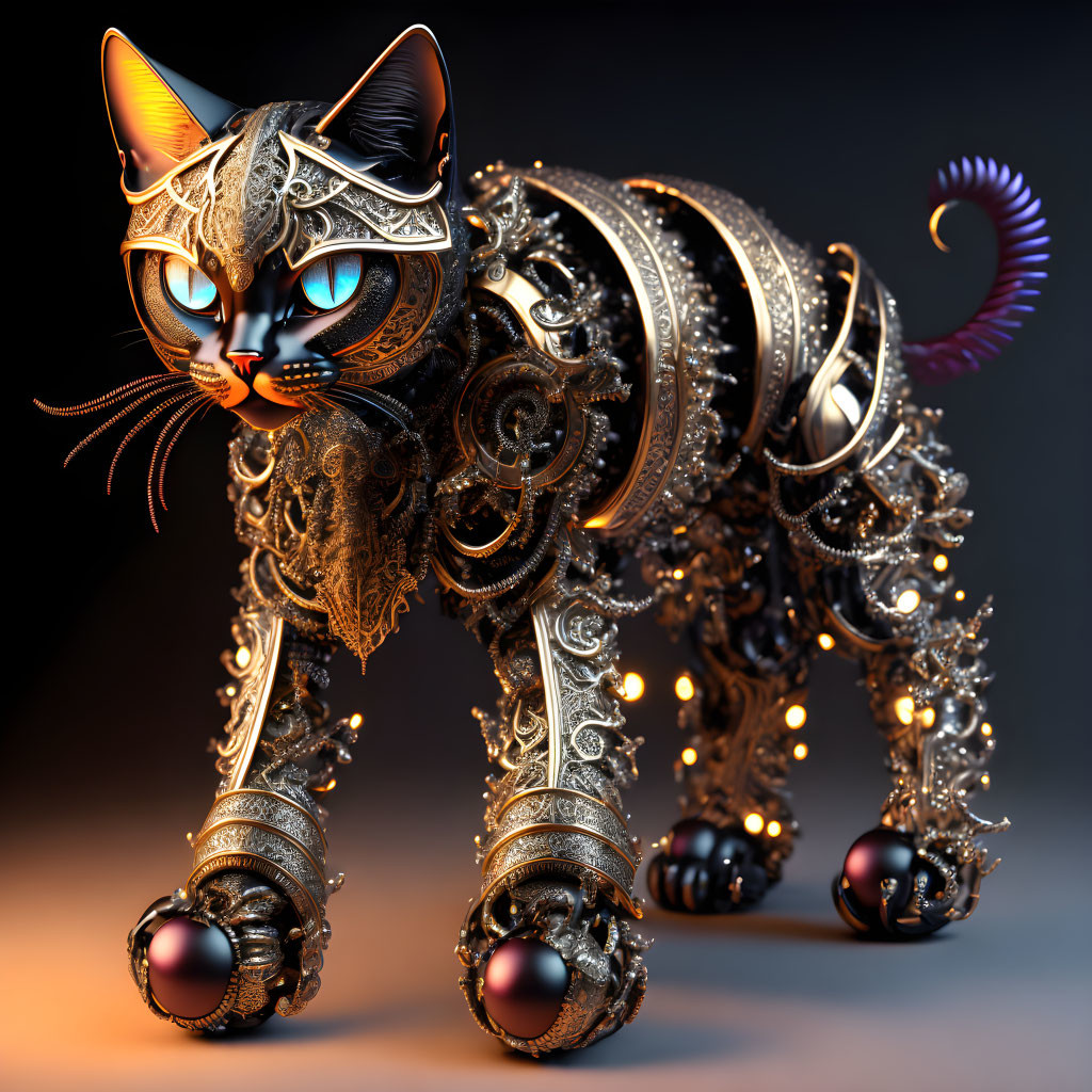 Detailed digital artwork: Mechanical cat with filigree designs, blue eyes, jewel-like accents