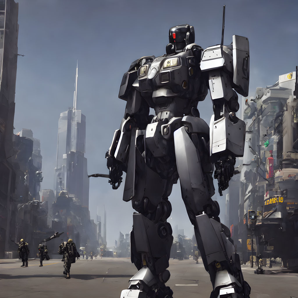 Futuristic bipedal mech with soldiers in dystopian cityscape