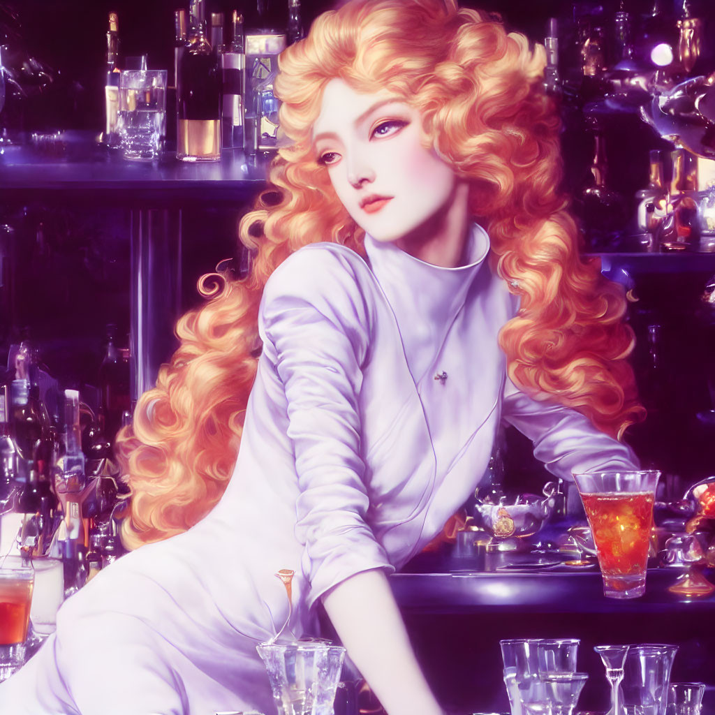 Blonde woman with curly hair in white outfit posing with bar backdrop