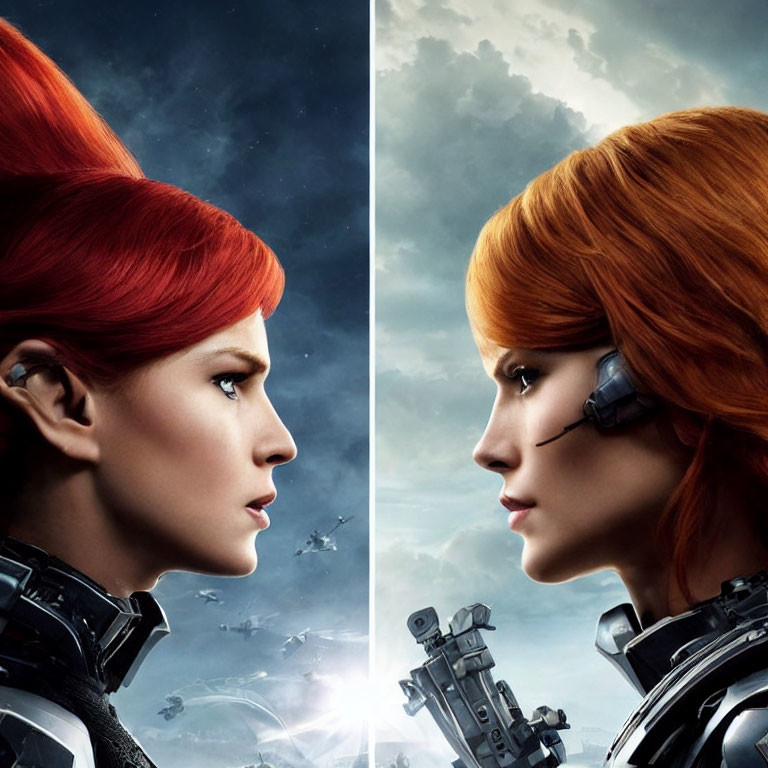 Red-haired woman in futuristic armor, split image, calm profile vs. focused gaze, cloudy sky backdrop