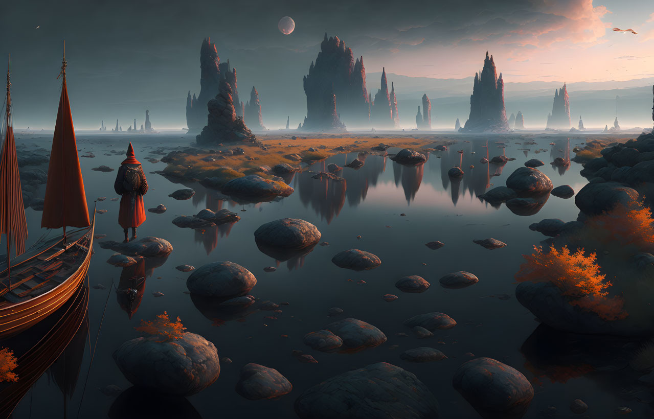 Fantasy landscape at dusk: towering rocks, still lake, Viking ship, cloaked figure