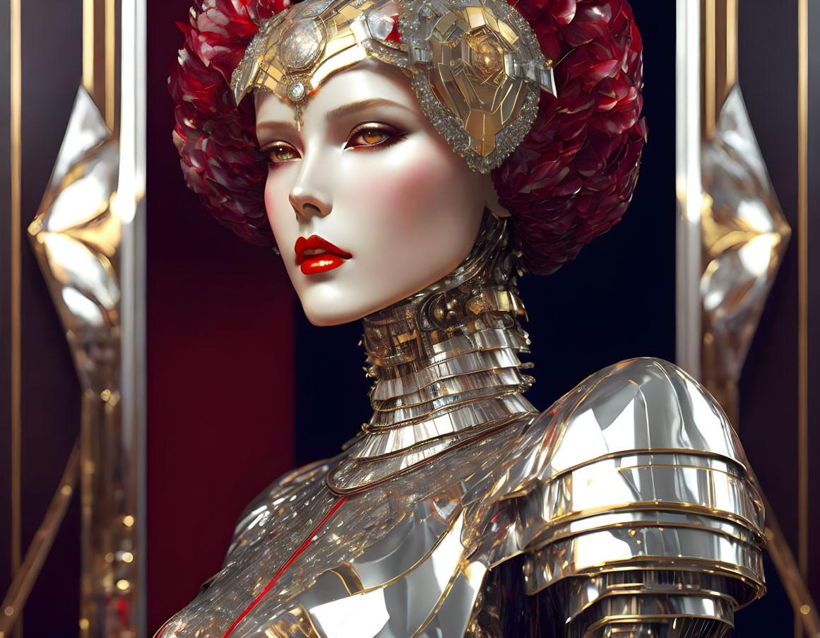 Detailed Futuristic Female Robot with Mechanical Neck and Red Hair