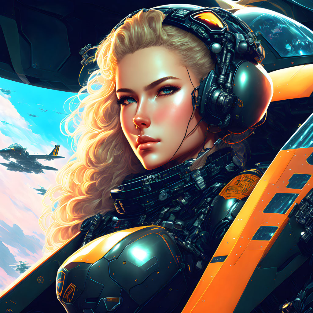 Blonde Female Pilot in Futuristic Helmet and Suit with Orange Spacecraft