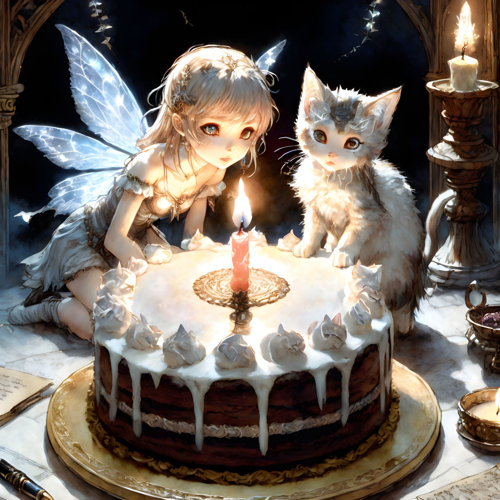 Whimsical fairy and kitten by candlelit birthday cake