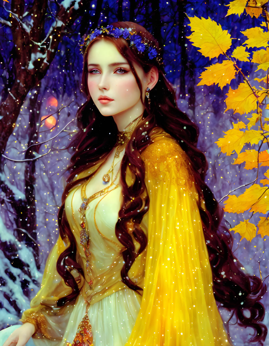 Woman in yellow dress with wavy hair, gold jewelry, blue headpiece, in winter scene.