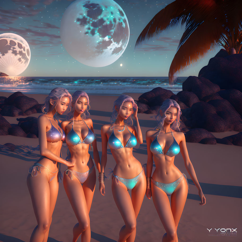 Four female models in blue bikinis on beach at night with moon and palm trees