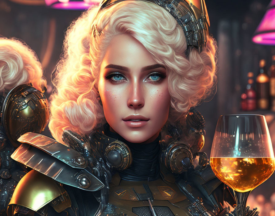 Portrait of woman with blue eyes in futuristic armor, next to wine glass