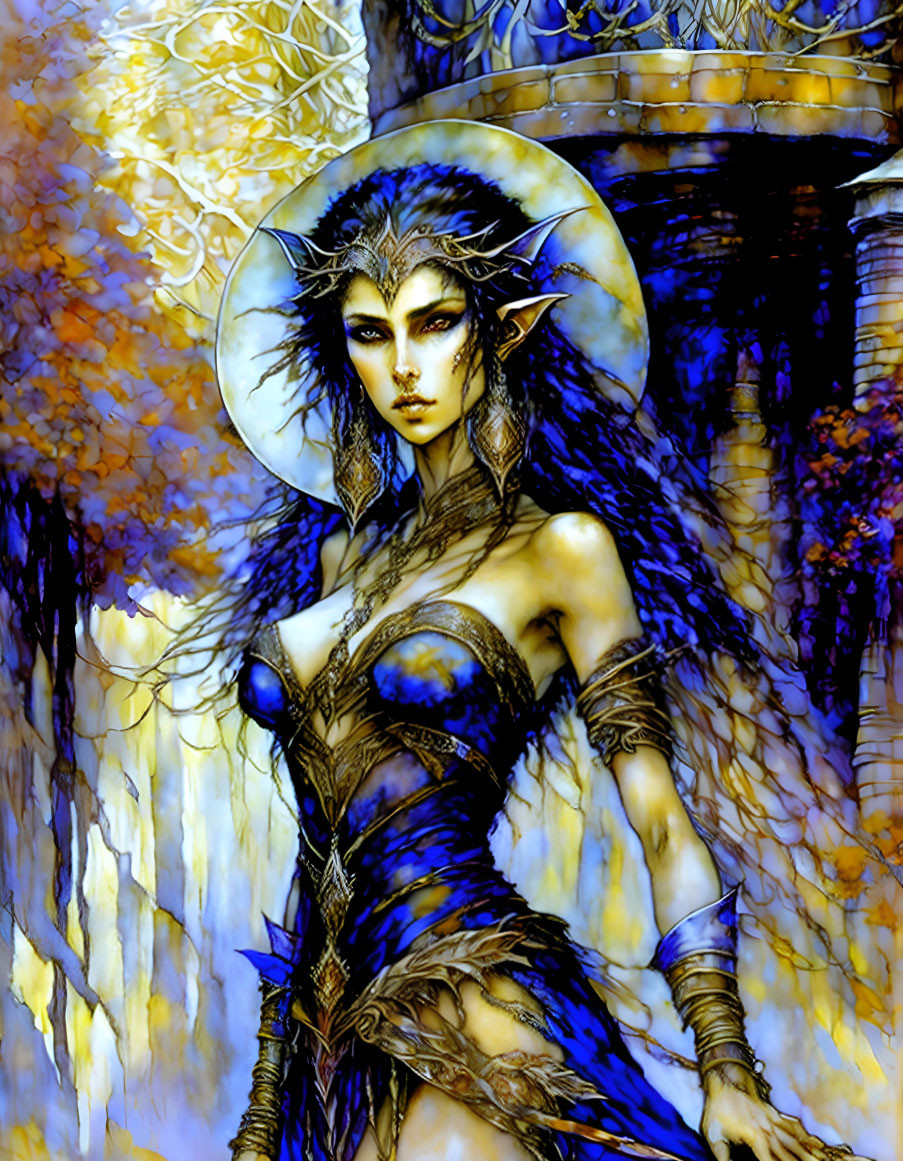 Fantastical female figure in ornate armor in enchanted forest