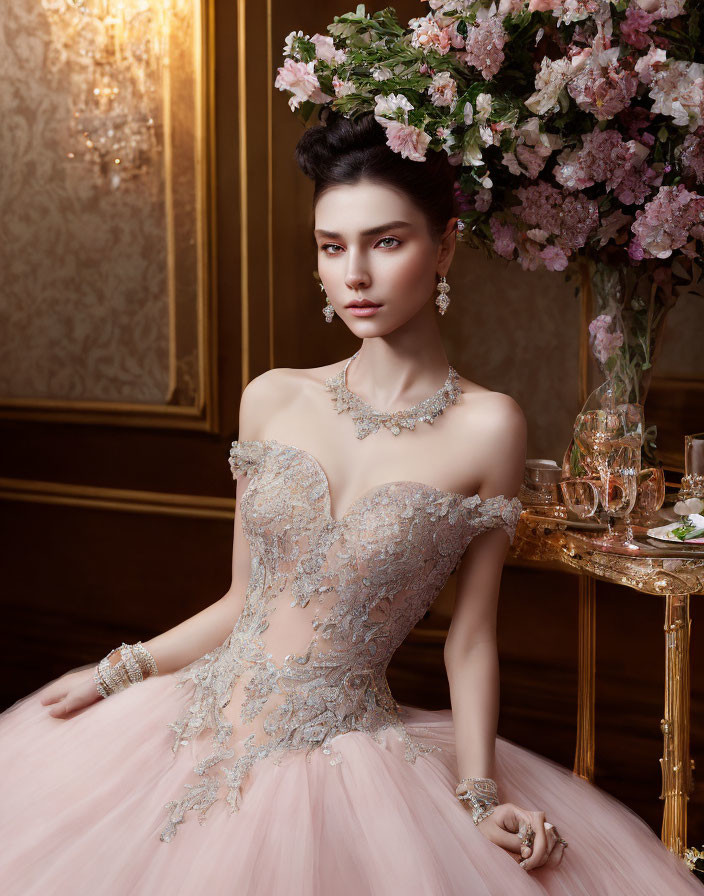 Elegant woman in strapless gown with floral embroidery and tulle skirt.