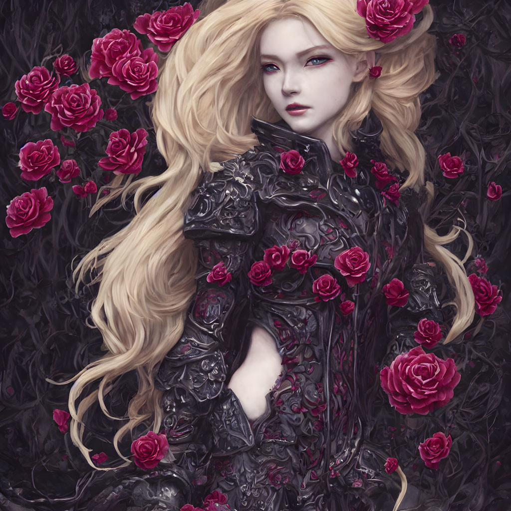 Blonde female figure in black armor with red roses illustration