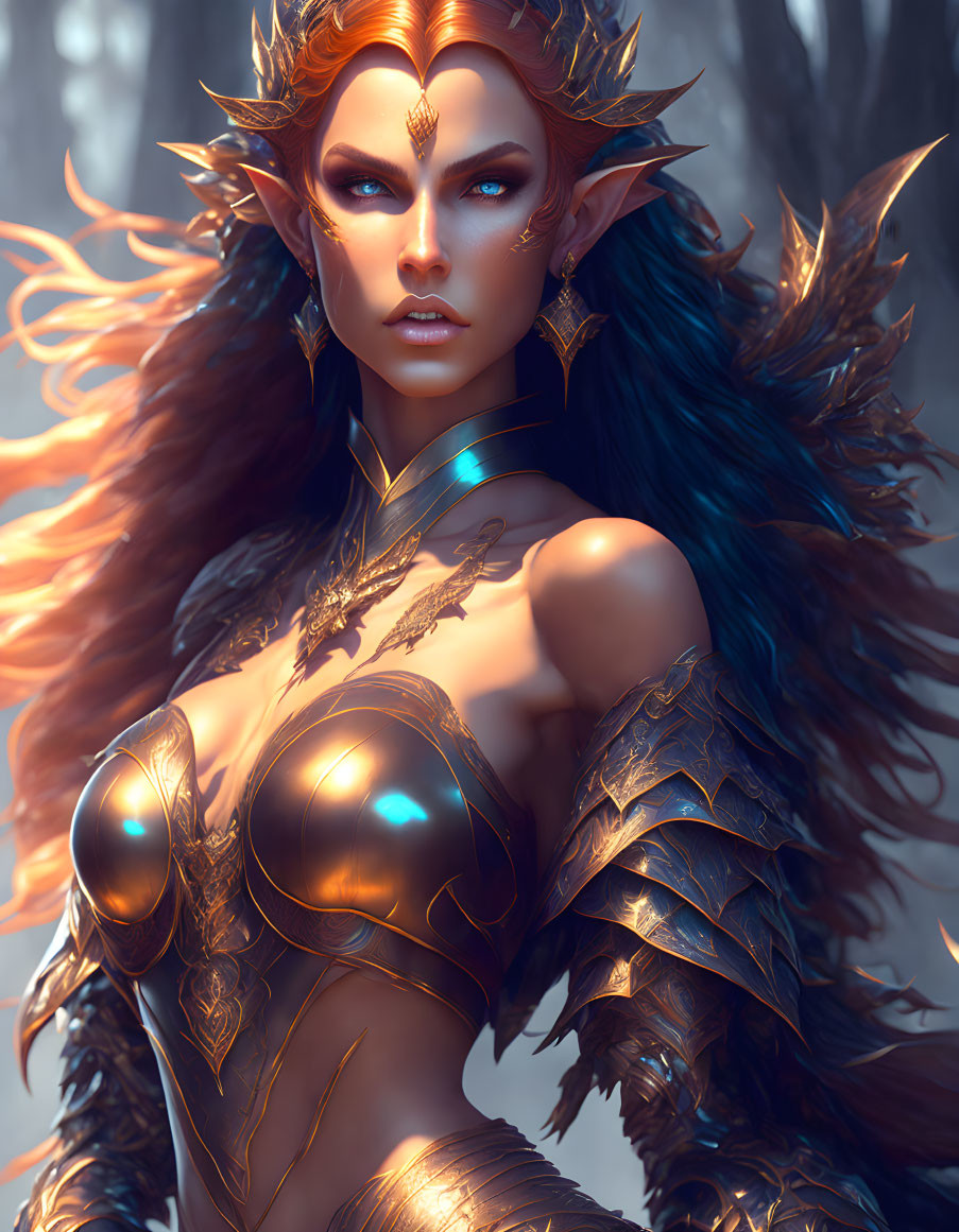 Fantasy female character in golden armor with pointed ears against mystical forest.