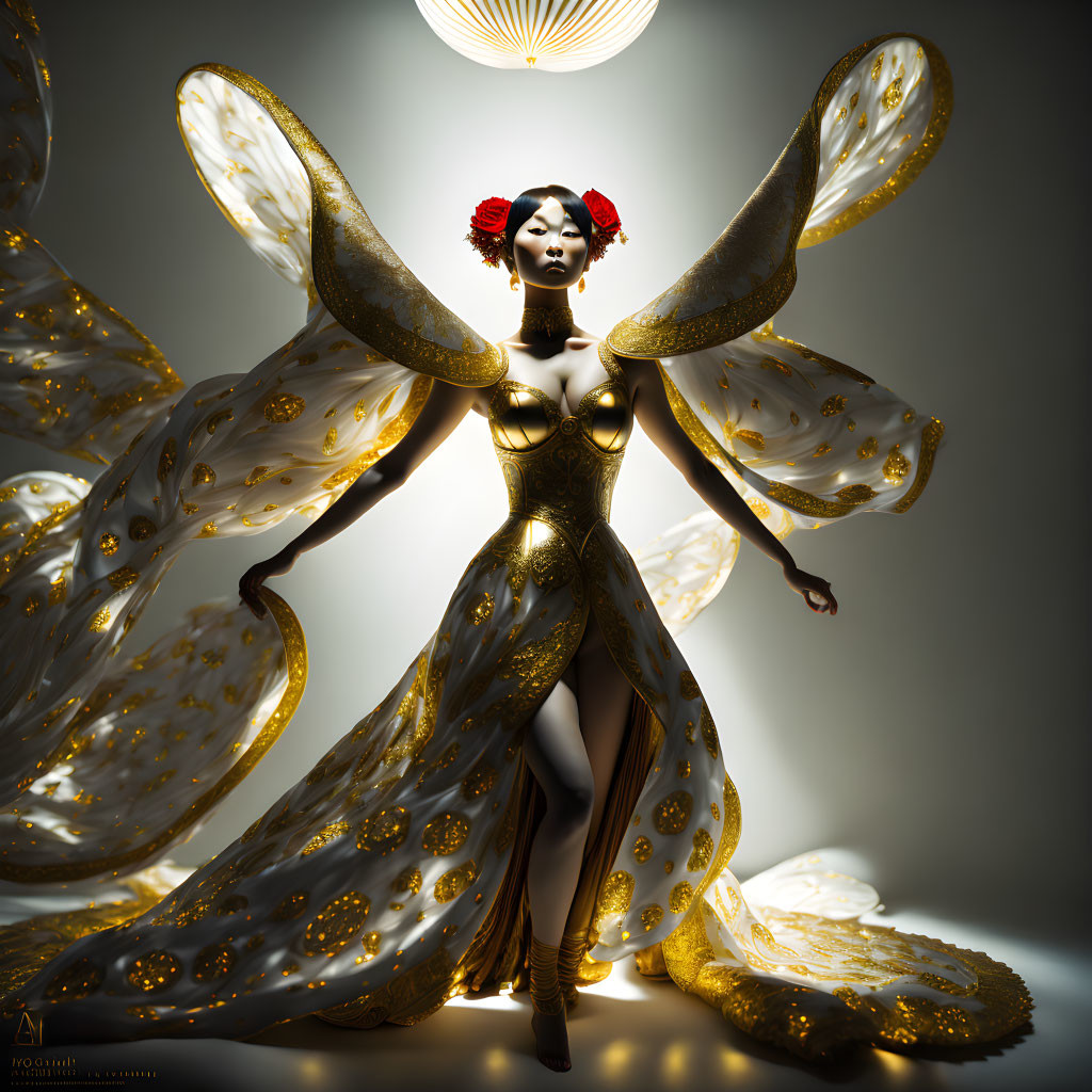 Ethereal figure with glowing butterfly wings in gold under warm lighting