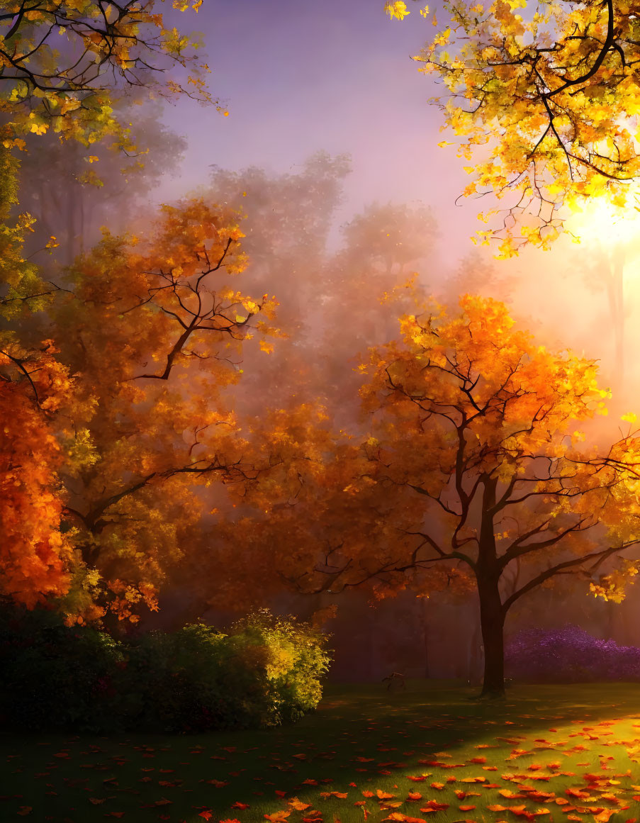 Golden autumn foliage, sun rays, mist, fallen leaves, lush grass - serene nature scene