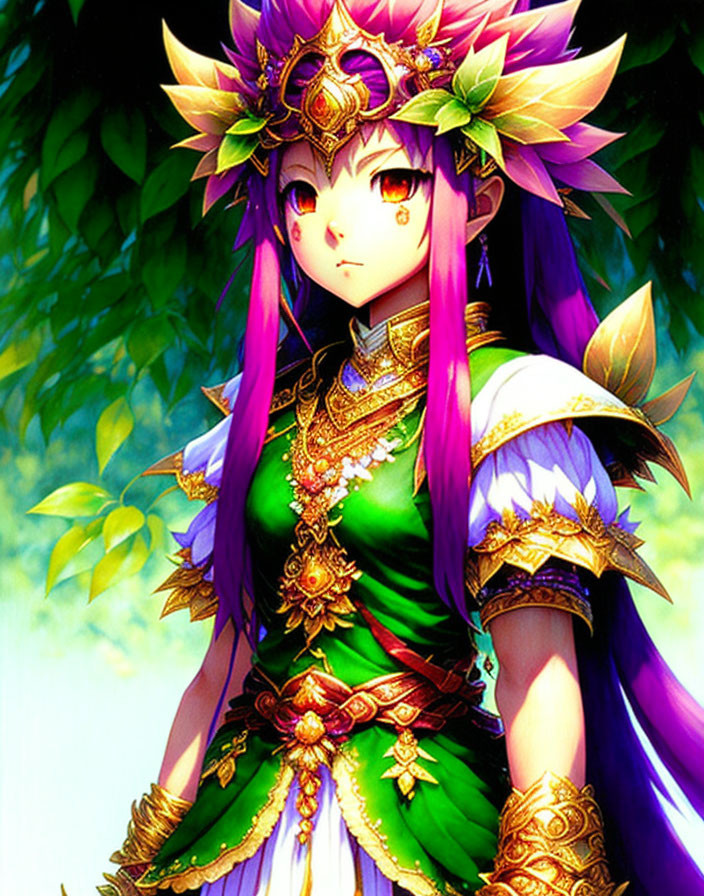 Illustration of female character with purple hair, golden crown, green & purple dress.