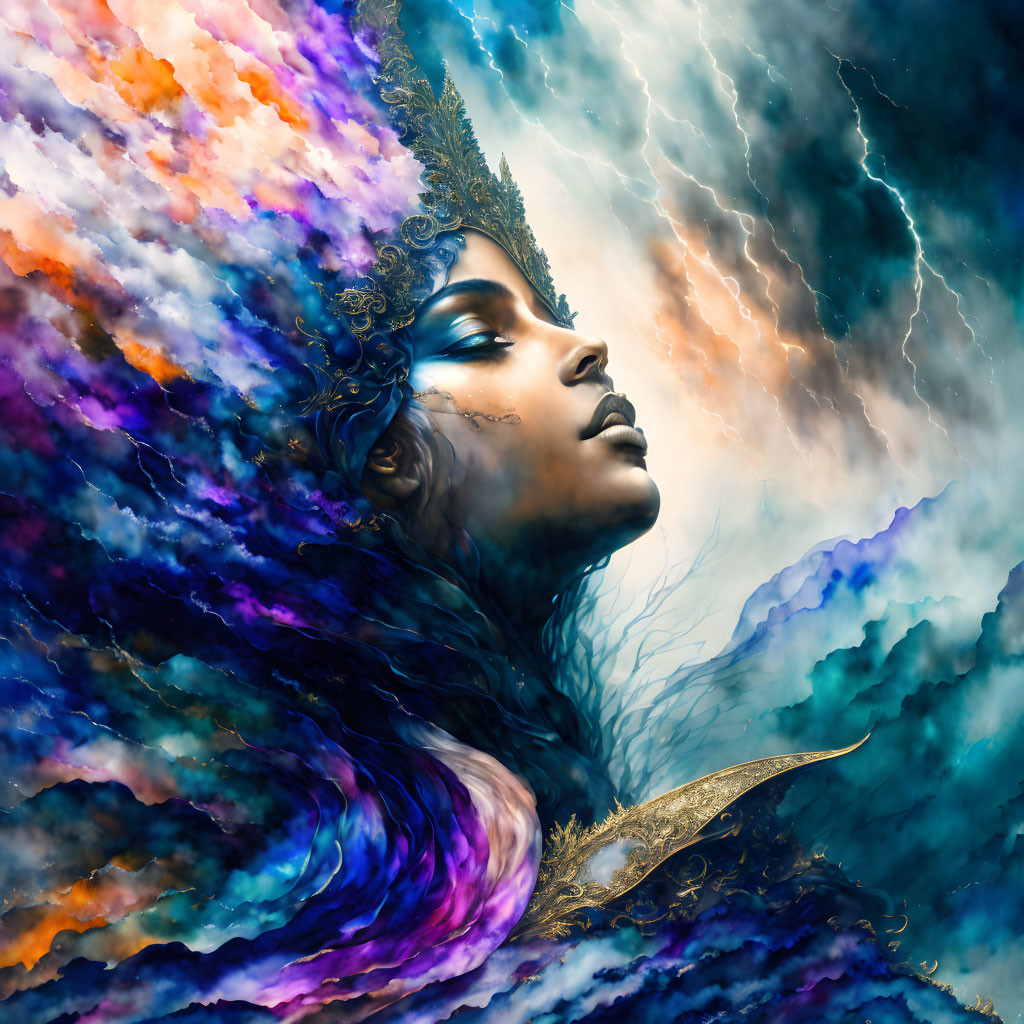 Digital artwork: Woman's profile with storm clouds, lightning, celestial colors