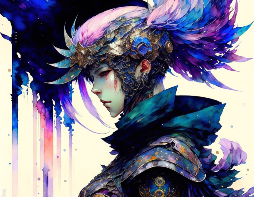 Fantasy character with blue and purple armor helm and feathers on watercolor background