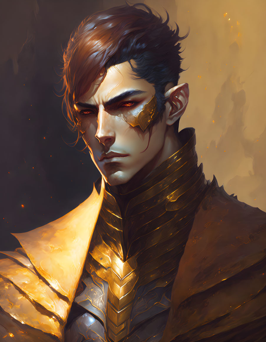 Illustrated portrait of a man in golden armor with eye mask on ember background