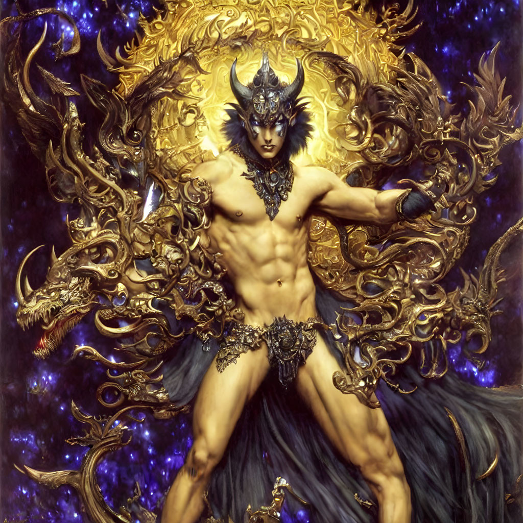 Muscular figure with dragon and golden headdress in starry backdrop