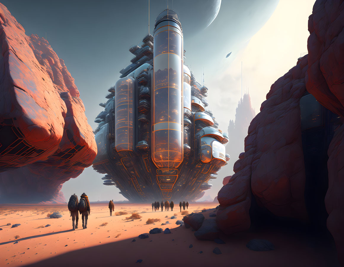 Futuristic desert cityscape with towering structures and people under a vast sky