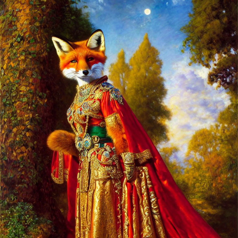 Anthropomorphic Fox in Medieval Attire Standing in Sunlit Forest