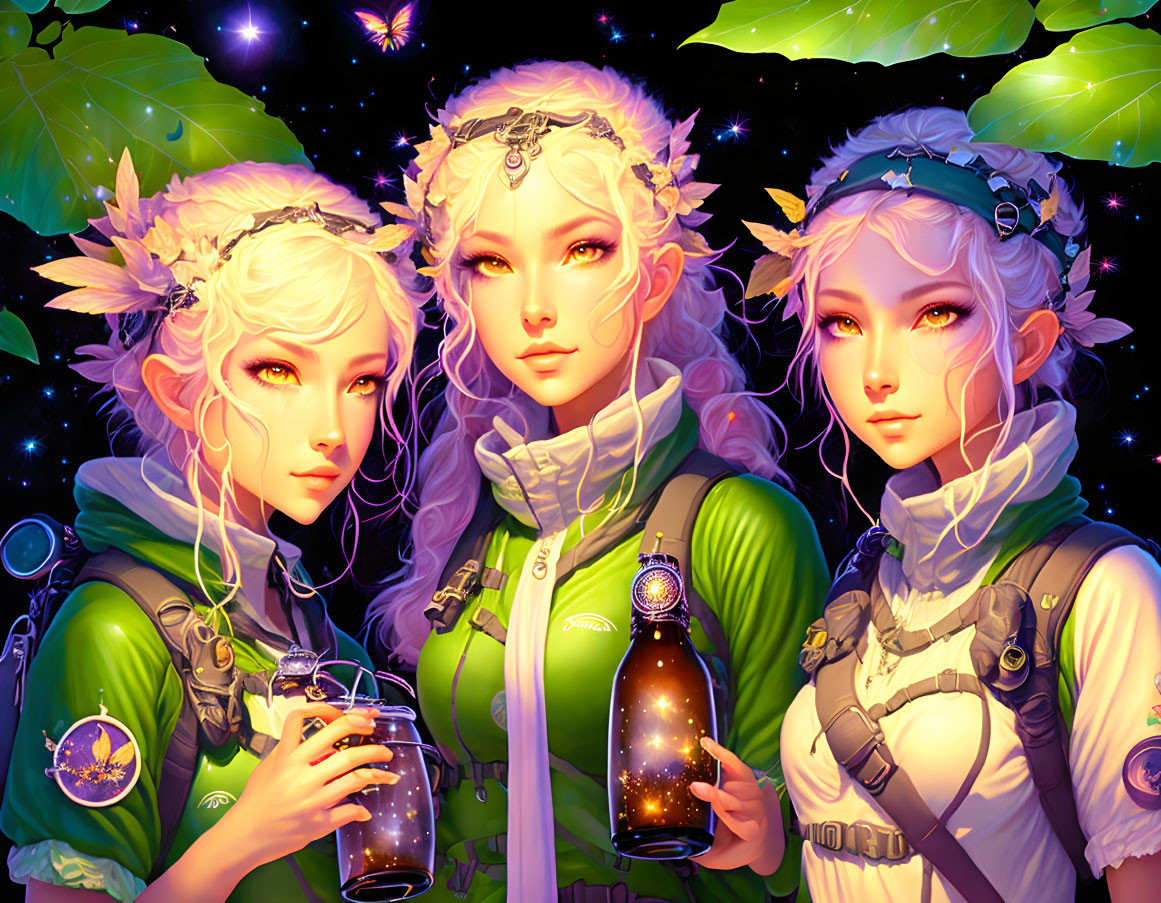 Three pale-haired characters with pointed ears holding glowing bottles in nature-themed outfits on a starry backdrop