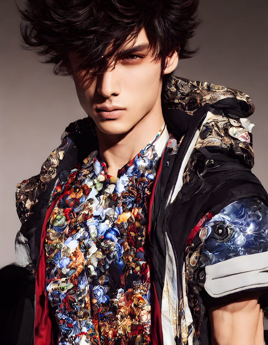 Confident person with tousled hair in vibrant graphic vest and textured dark jacket