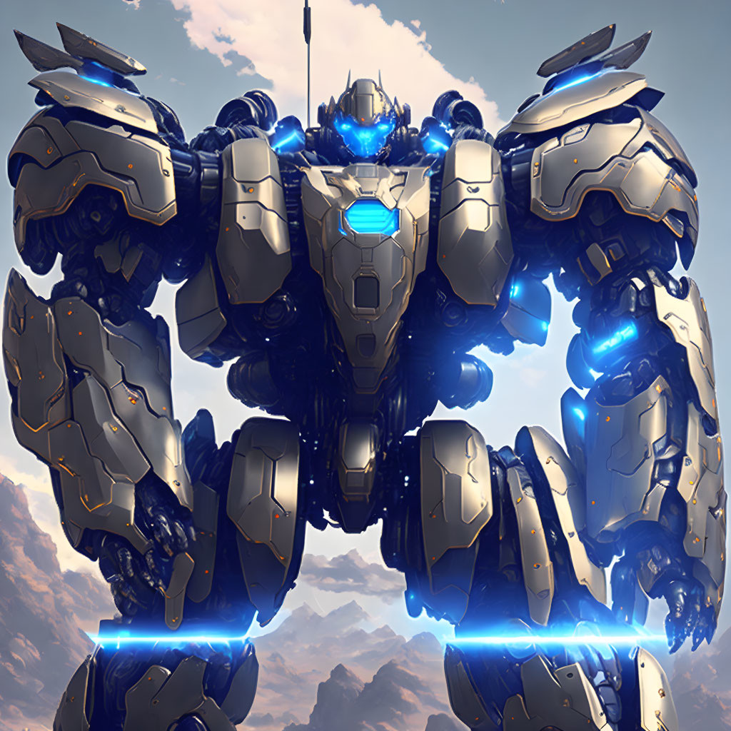 Futuristic mech suit with blue energy cores and advanced weaponry under cloudy sky