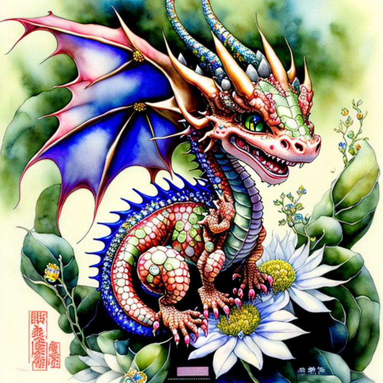 Colorful dragon with large wings in lush greenery