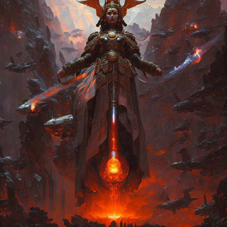 Armored figure with radiant crown above lava-filled chasm