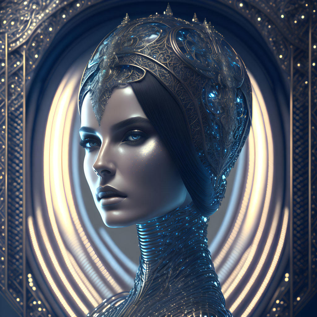 Ethereal woman in silver tiara and attire against circular backdrop