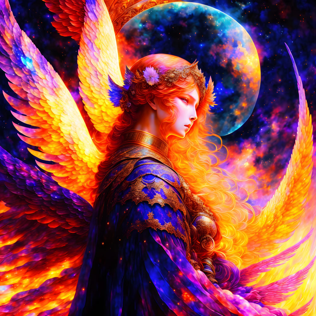 Colorful depiction of angel with fiery wings in cosmic scene