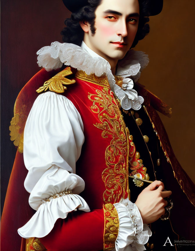 Historical costume portrait of a man with white ruffled collar and red embroidered jacket