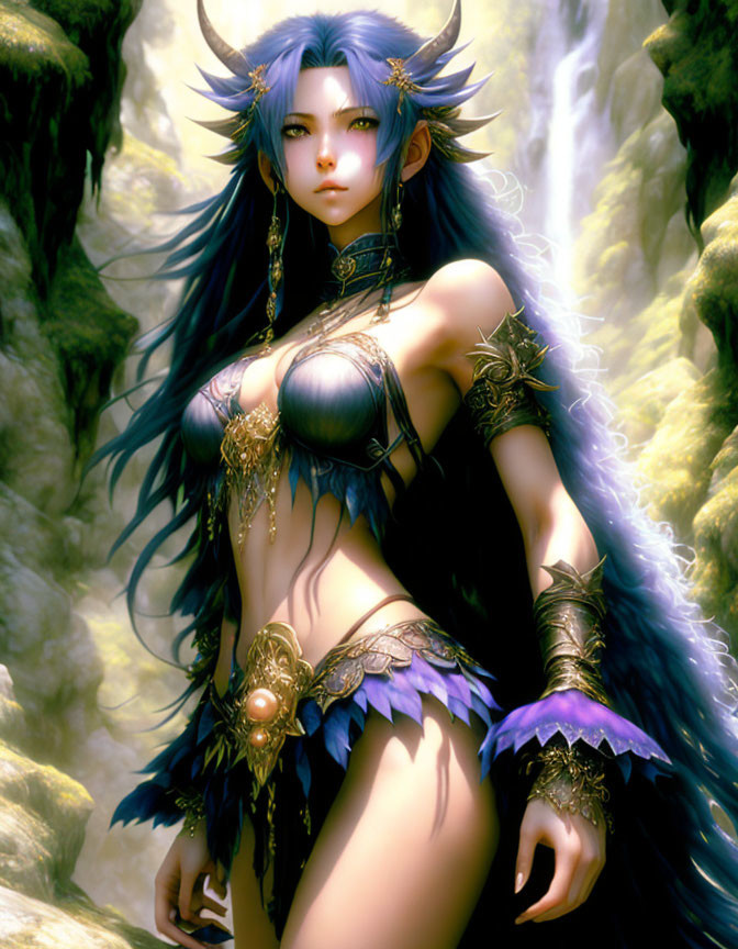 Blue-horned female character in intricate armor with mystical waterfalls background