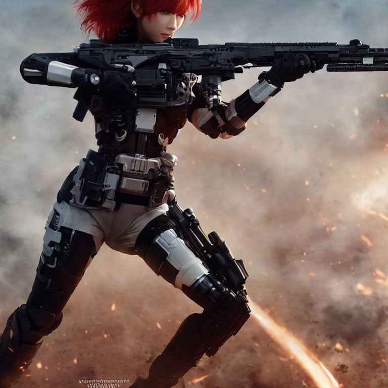 Red-Haired Female Cyborg with Large Gun in Smoky, Fiery Setting