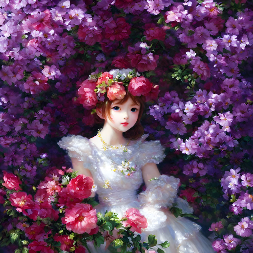 Girl with Floral Wreath Surrounded by Pink and Red Flowers