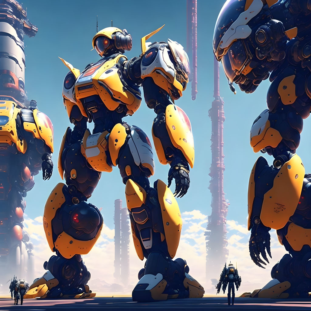 Futuristic scene with two humanoid robots and person in yellow and white armor